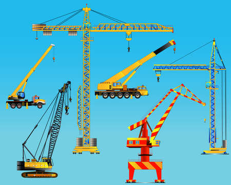 Building construction cranes set. Isolated on blue. Detailed vector illustration. Icon. Flat styleのイラスト素材