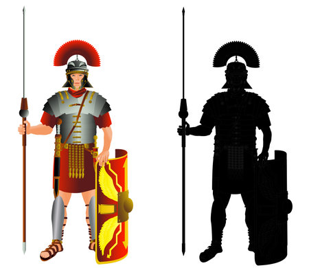 Roman empire legion warrior and silhouette. Legionary infantry. Vector color isolated on white illustrationのイラスト素材