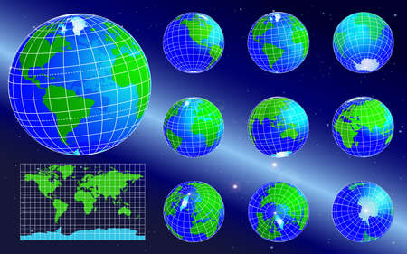 Vector globe icons showing planet earth with all continents. Western and Eastern hemispheres. Set. Vector isolated illustration on starry sky backgroundのイラスト素材