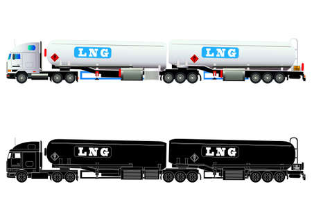 LNG gas tanker truck, LNG transporter. Vector illustration. Flat style. Silhouette. Icon. Isolated on whiteのイラスト素材