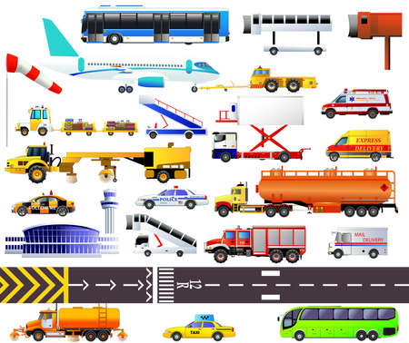 Airport equipment set. Vector icons, isolated. Business jet, passenger bus, tow tractor, windsock, baggage carts, taxi, snow plough, catering vehicle, tanker, fire engine and ambulance and othersのイラスト素材