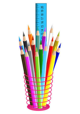 Colored pencils in a pencil case, isolated on white background. Vector illustrationのイラスト素材
