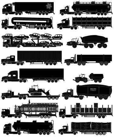 Trucks with trailers silhouettes set. Semi-trailers trucks. Isolated on white. Flat style iconsのイラスト素材