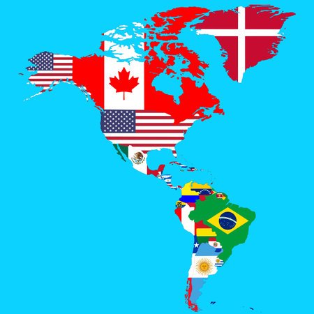 Political map of North and South America, with flags of countries. Vector illustration. Isolated on...