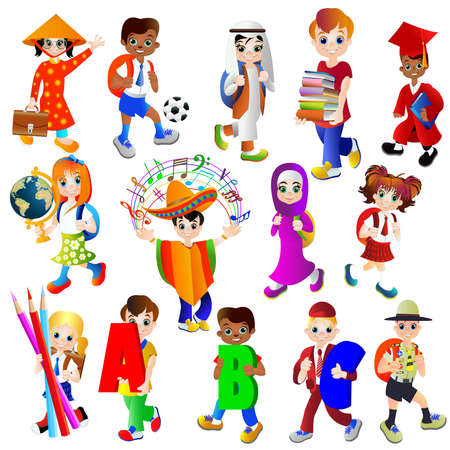 Pupils and students in school uniform with backpacks and books. Vector illustration. Isolated on white. Set.のイラスト素材