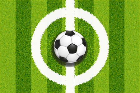 Soccer field white center and leather football ball top view background. Color vector illustrationのイラスト素材