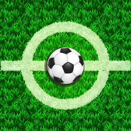 Soccer green field white center and leather ball top view background. Color vector illustration.のイラスト素材
