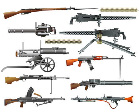 Machine guns: old and modern. Color vector isolated on white background illustration. Set. Silhouetteのイラスト素材