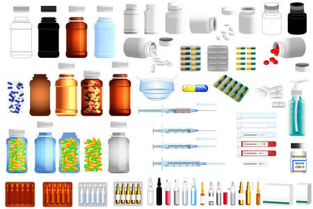 Medical drugs, supplement and equipment laboratory for covid-19 pandemic. Vector Illustration set isolated on white backgroundのイラスト素材