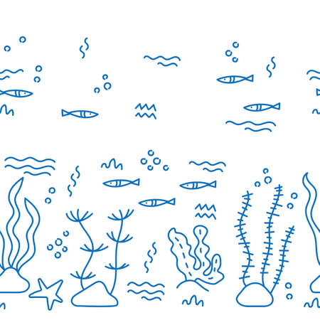 Line art vector hand drawn. Doodle cartoon seamless pattern of marine life.のイラスト素材