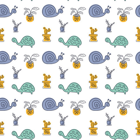 Seamless vector pattern with hand drawn cute turtles, snails and potted flowers.