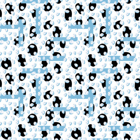 Vector seamless pattern. Abstract rounded black and white shapes. White, black, pale blue. Suitable...
