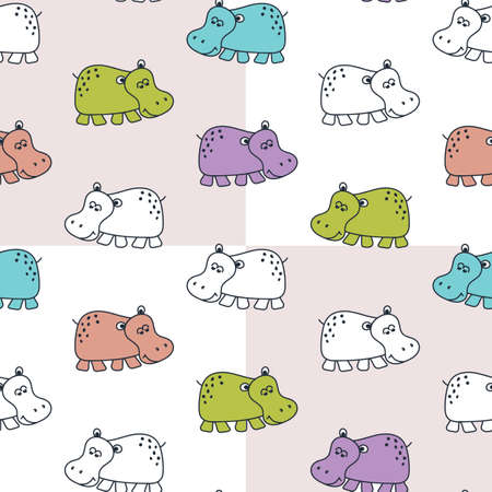 Seamless baby patterns with funny hippos in bright colors. Vector illustration in Scandinavian style.のイラスト素材