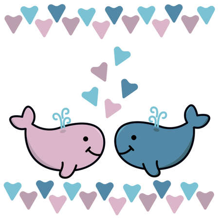 Lovers cute whales, pink and blue hearts. Graphics for Valentines day cards.のイラスト素材