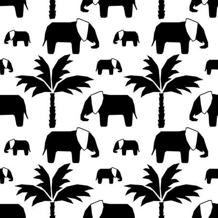 Seamless pattern with hand drawn silhouette elephants and baby elephant, palm trees .のイラスト素材