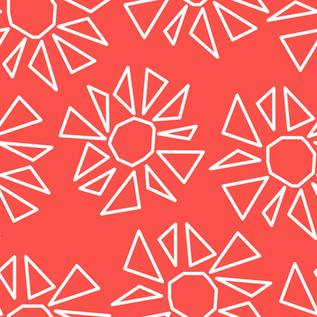 White triangles gathered in flowers, red background, seamless pattern.