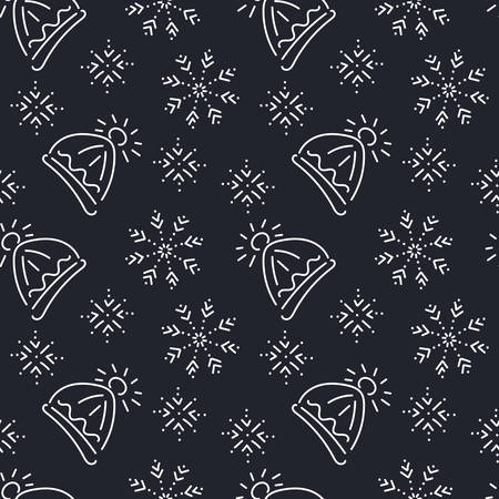 Warm winter knitted hat and snowflakes. Seamless pattern for handmade market. Vector hand drawn images for design, packaging and moreのイラスト素材