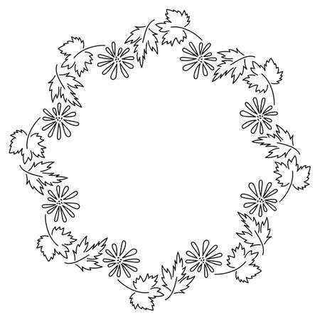 Handmade round wreath, frame with leaves and flowers . Vector illustration in the style of the Line. Design postcards, posters, invitations and so much more. Space for textのイラスト素材