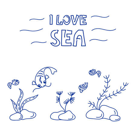 I love Sea. Underwater world, cute fish, plants. Doodle Background Vector illustrationのイラスト素材