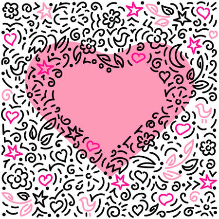 Doodles background . Pink Heart on white background. Vector hand drawn illustration.のイラスト素材