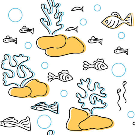 Seamless pattern. Underwater world, cute fish, plants. Vector hand drawn illustration on white backgroundのイラスト素材