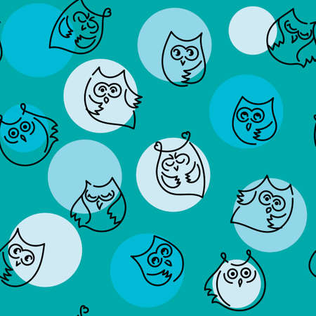 Funny owls. Seamless hand drawn pattern, vector doodle illustration on blue background.のイラスト素材
