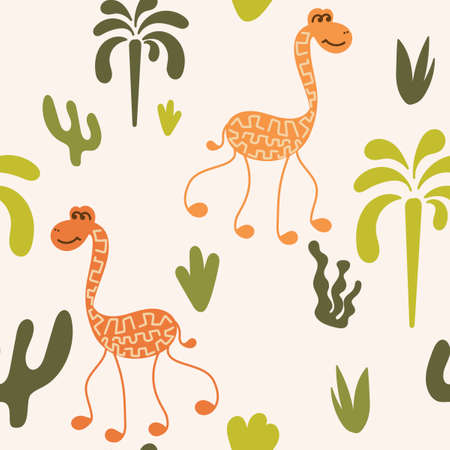 Funny long-necked animals, palm trees, plants. Seamless pattern. Vector illustration.のイラスト素材