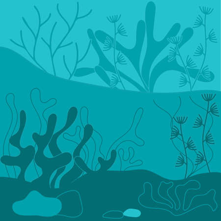 The seabed and its inhabitants. Fish, jellyfish, crabs, shells, contours and silhouettes of plants. Background, scenery. Vector hand drawn illustration on a blue background, the bottom of the seaのイラスト素材
