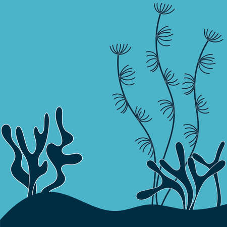 Underwater, the contours of plants and silhouettes of plants. Background, scenery. Vector hand drawn illustration on blue backgroundのイラスト素材