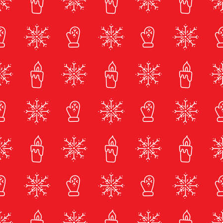 Doodle drawn snowflakes. burning candles, warm gloves on a red background .Vector Seamless background, winter holiday theme.のイラスト素材
