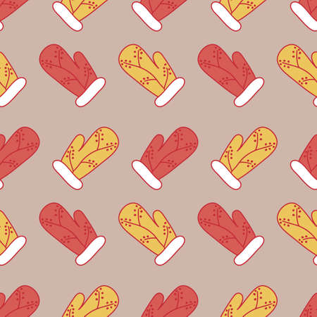 Seamless pattern with Doodle cute mittens with embroidery . Hand drawn vector illustration.のイラスト素材