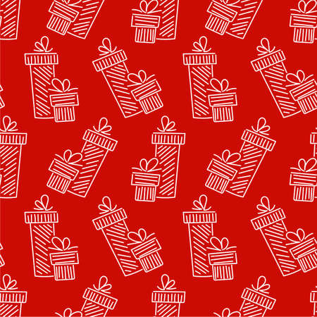 Hand drawn seamless pattern with gift boxes and bows . Doodle line style.のイラスト素材
