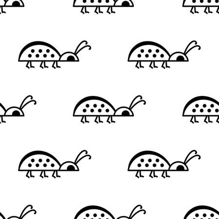 Cute little bugs, ladybugs on white background, vector seamless pattern. Doodle insects. For children's textiles, bedding, wrapping paper and other surfaces.のイラスト素材