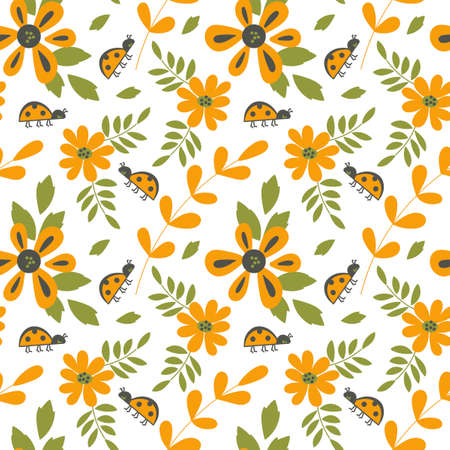 Cute ladybugs and simple flowers. Vector Botanical seamless background for baby cloth, paper, scrapbooking and more .のイラスト素材