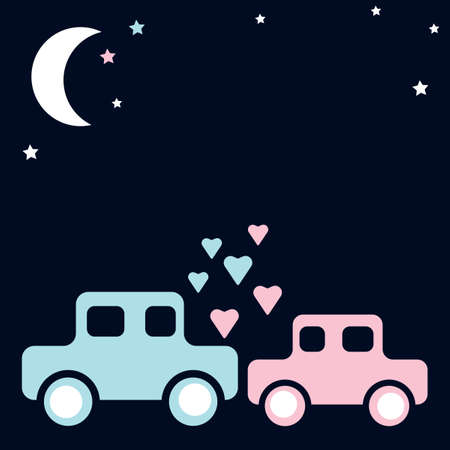 Two cute cartoon cars, hearts, moon and stars in the night sky. Valentine's day card, place for text. Vector illustrationのイラスト素材