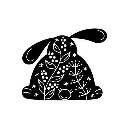 Silhouette of a rabbit decorated with floral ornament. Element for registration of cards, invitations and other things. Hand drawn Vector illustration. Black and whiteのイラスト素材