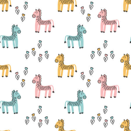 Cute hand drawn Zebra, flowers. Vector seamless pattern with animals on white background. Decorative fabrics, Wallpapers, covers for children .のイラスト素材