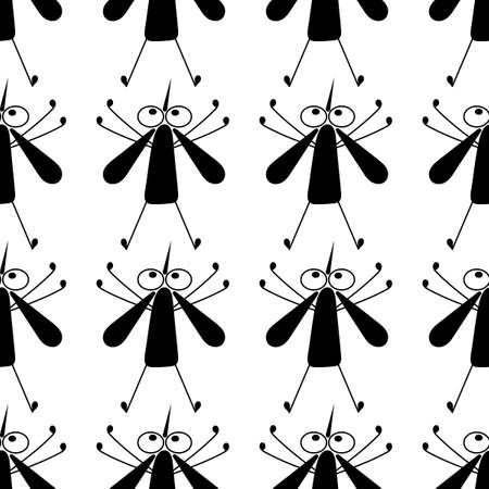 Vector seamless pattern of flying mosquitoes. A flock of cute insects. Black and white.のイラスト素材