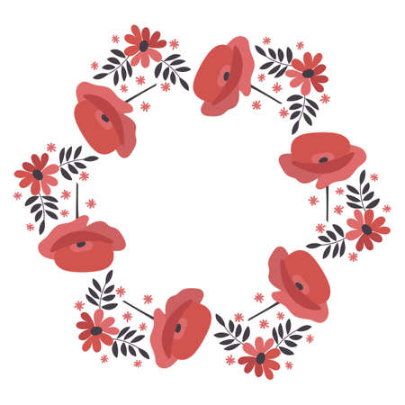Vector frame with simple pink poppies and twigs. Hand drawn illustration.のイラスト素材