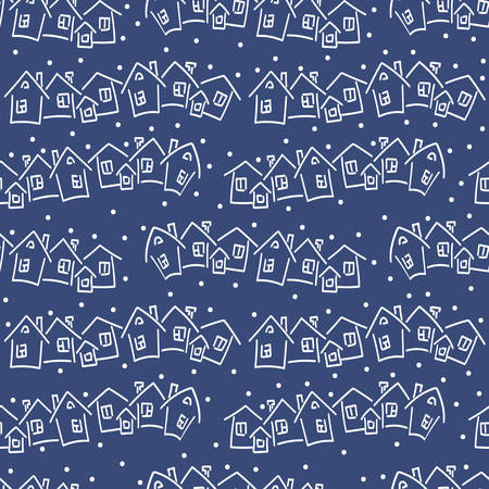 Winter Christmas houses, snowfall . Doodle background , vector Seamless pattern, white on blue background.のイラスト素材
