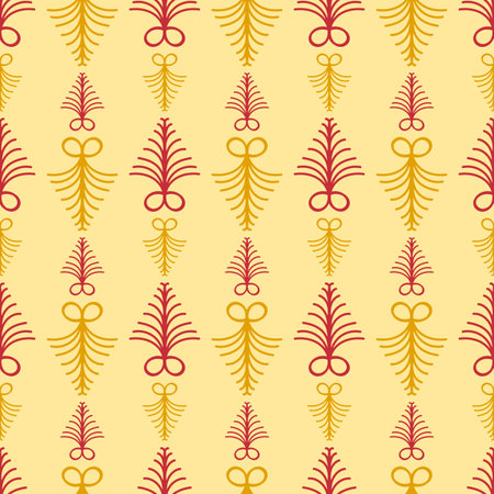 Vector seamless background with fern leaves. Beautiful repeating texture. Red and yellow.