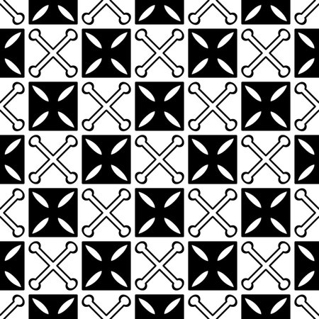 Vector seamless background with squares and crossed abstract elements. Ethnic screen printing . Artistic hand-painted fabric . Monochromeのイラスト素材