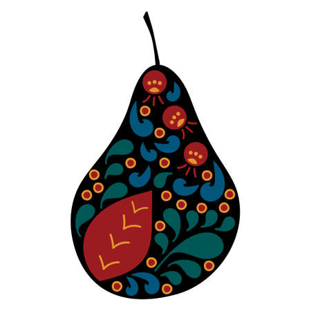 Decorative fruit symbol . Pear is decorated with an ornament of stylized leaves, berries, curls, decorative elements. Vector illustration isolated on white background, design elementのイラスト素材