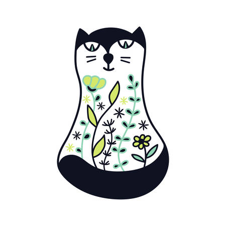 Cute cat, painted with a floral pattern. The silhouette of a cat with floral ornament Doodle style. Decorative illustration template for your design. Vector hand drawn illustration isolated on white background.のイラスト素材