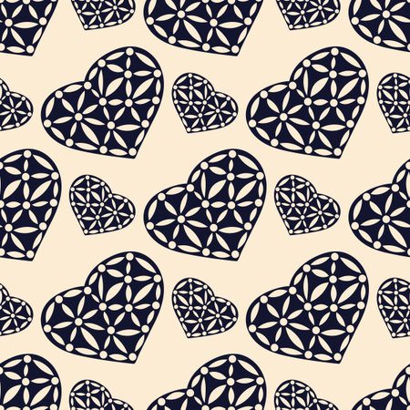 Geometric seamless vector pattern. Doodle heart with a pattern of Simple flowers . Hand drawing....