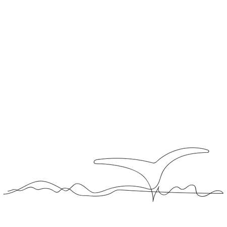 Continuous line drawing of the waves and the whale's tail . Hand-drawn vector illustration. Design for Poster, greeting card with an Ocean animal in the sea waves. Black and whiteのイラスト素材