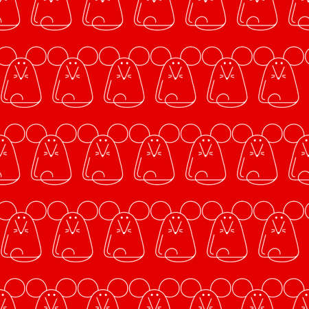 Cute mice, vector seamless background. Monochrome hand drawn animals. Line style, Outline mouse on red background.のイラスト素材