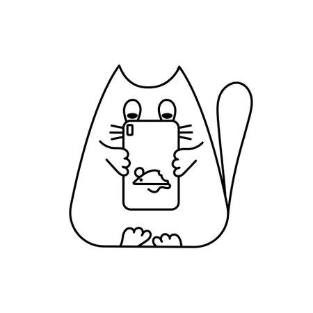Hand drawn cute cat with a smart phone. Kitten character Isolated on white background. Line style. Vector illustration. For design, print , t-shirt, cup, bag and other .のイラスト素材
