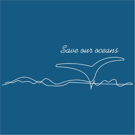 Continuous line drawing of the waves and the whale's tail . Hand-drawn vector illustration. Poster, greeting card with an Ocean animal in the sea waves.のイラスト素材