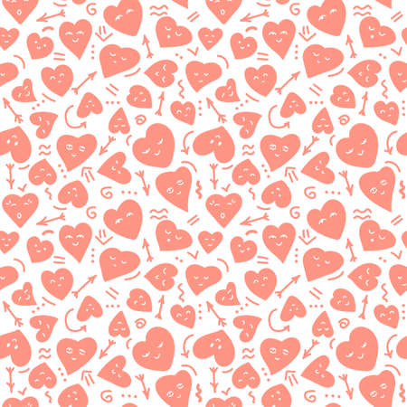 Cute Seamless background, hearts of different shapes, faces . Doodle elements, arrows, waves, arrows. Hand drawn pattern for Valentine's day holiday, wedding, greeting card. Pink and white.のイラスト素材